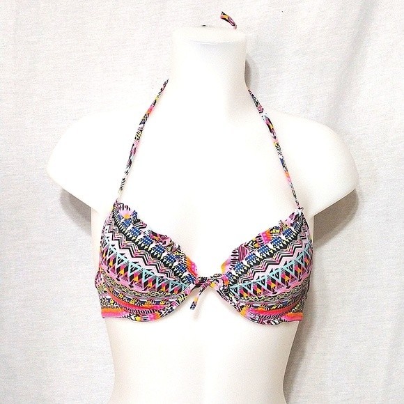 Victoria's Secret Tribal Print Ruffled Halter Padded Bra Bikini Swimsuit Top 34A - Picture 1 of 6